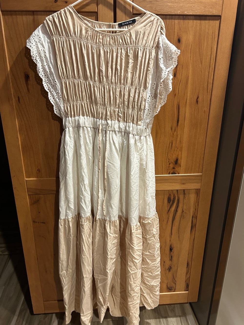 Beige and White Tiered Eyelet Midi Dress